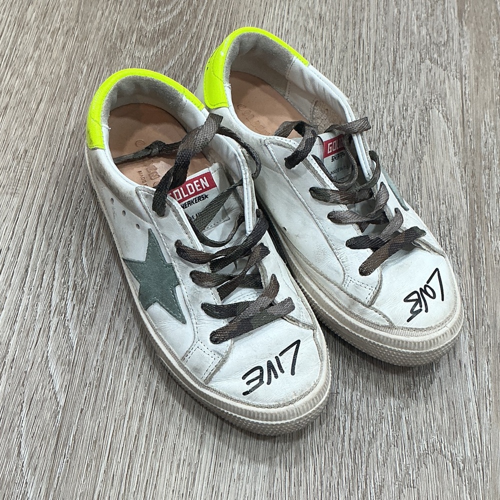 Golden Goose Kids White and Neon Green Sneakers
